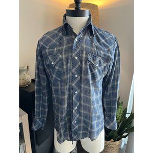 Vintage ENVOY Authentic Western Plaid Pearl Snap Men's Medium Shirt Blue